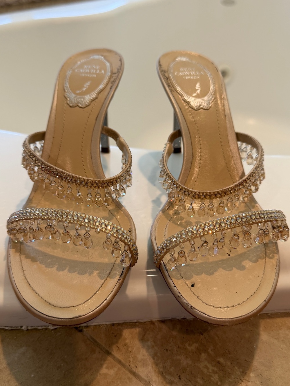 Rene Caovilla Nude Crystal-Embellished Slide Sandals